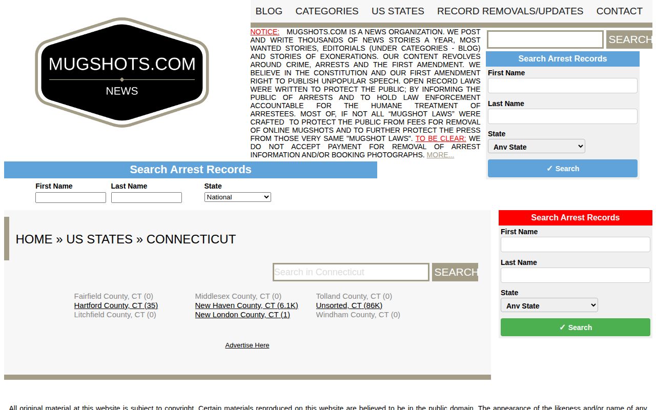 Fairfield County Mugshots.com directory showing no current local entries