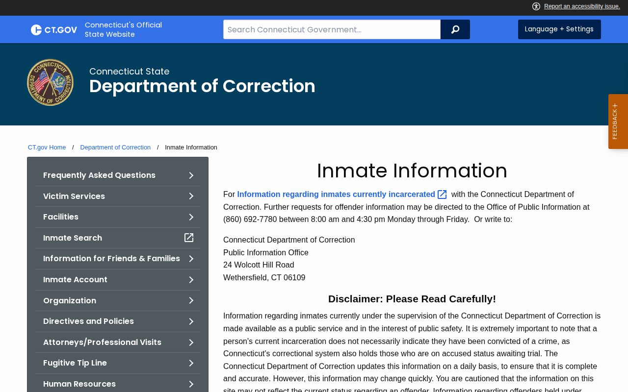 CT DOC information for Fairfield County custody and accused status