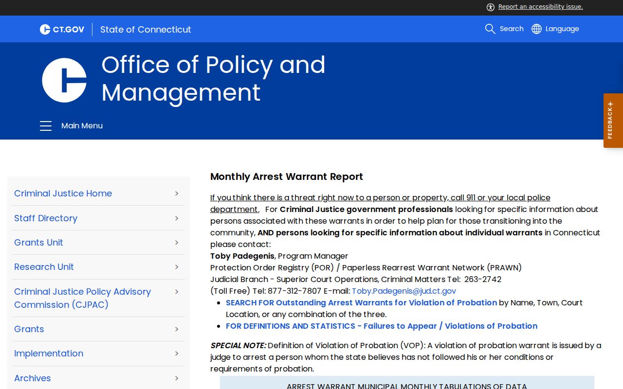 Fairfield County official arrest warrant data and public VOP search explanation